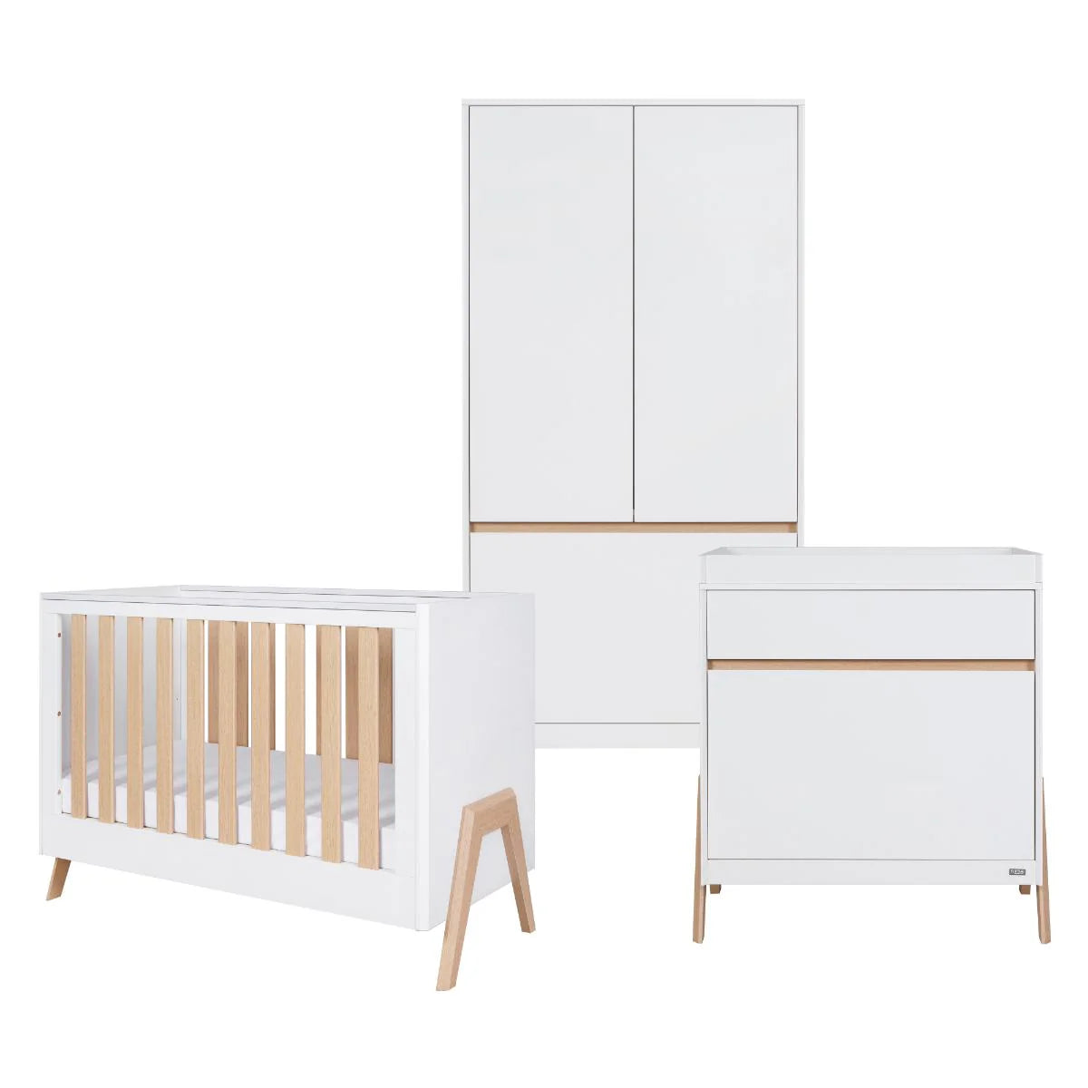 Tutti Bambini Fuori Mini 3 Piece Nursery Furniture Set with Cot Bed, Dresser & Wardrobe - White / Light Oak