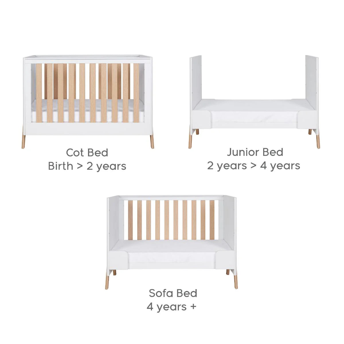 Tutti Bambini Fuori Mini 3 Piece Nursery Furniture Set with Cot Bed, Dresser & Wardrobe - White / Light Oak