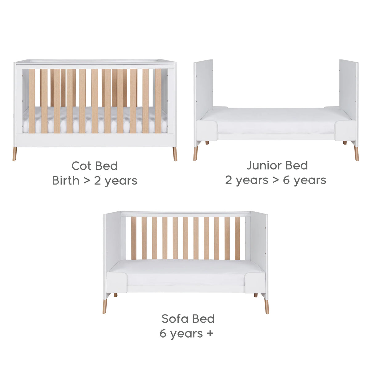 Tutti Bambini Fuori 3 Piece Nursery Furniture Set with Cot Bed, Dresser & Wardrobe - White / Light Oak