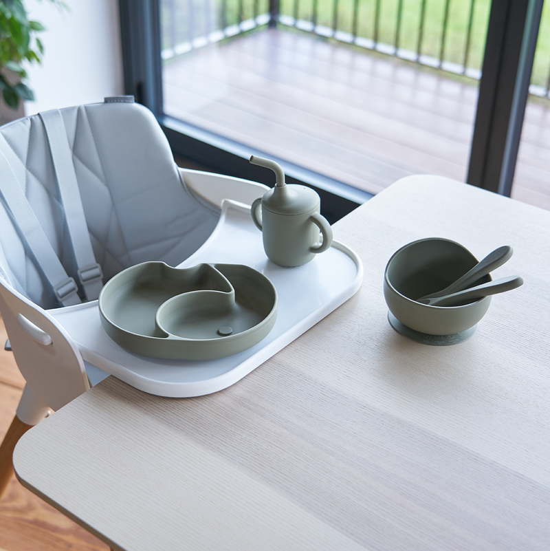 Bababing 6 Piece Feeding Set includes Bowl, Plate, Bib, Cup & Cutlery - Olive Green