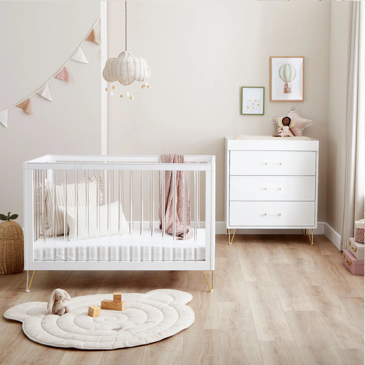Babymore Kimi Acrylic 2 Piece Nursery Furniture Set with Cot Bed and Dresser