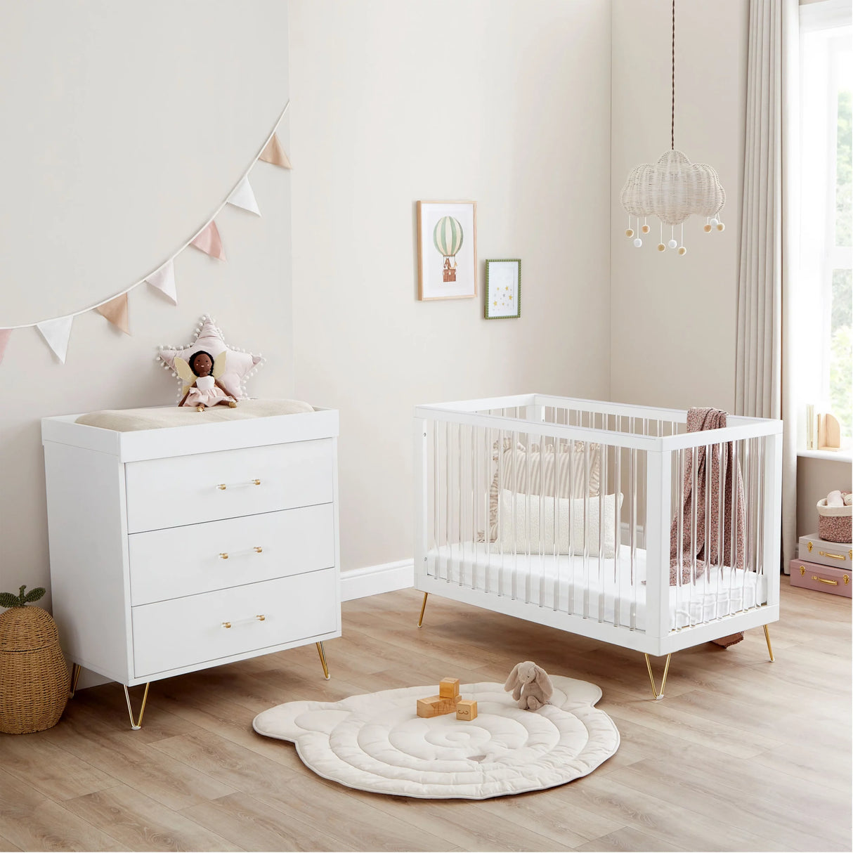 Babymore Kimi Acrylic 2 Piece Nursery Furniture Set with Cot Bed and Dresser