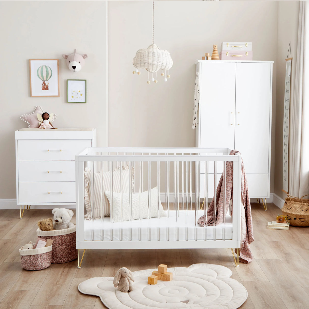 Babymore Kimi Acrylic 3 Piece Nursery Furniture Set with Cot Bed, Dresser and Wardrobe