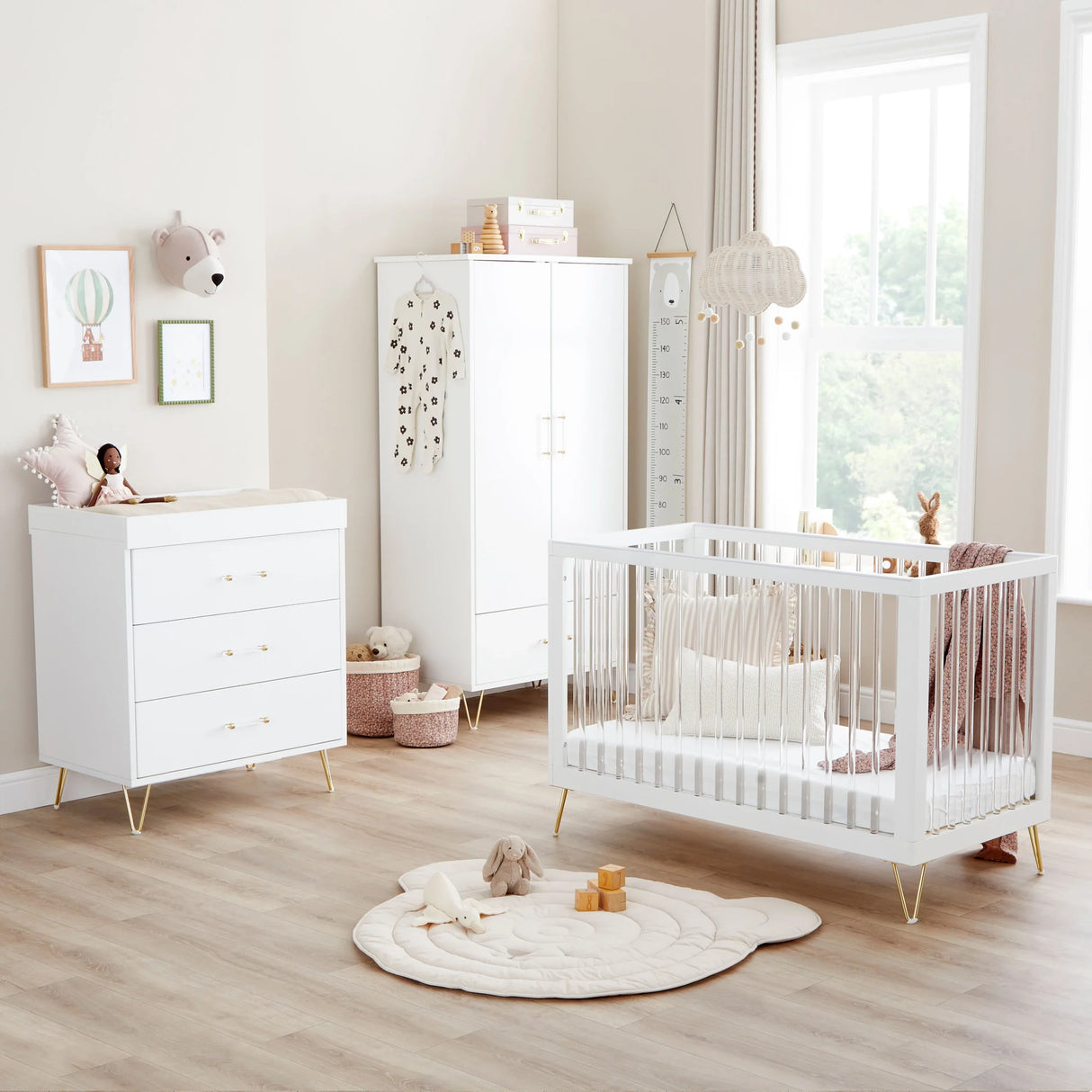 Babymore Kimi Acrylic 3 Piece Nursery Furniture Set with Cot Bed, Dresser and Wardrobe