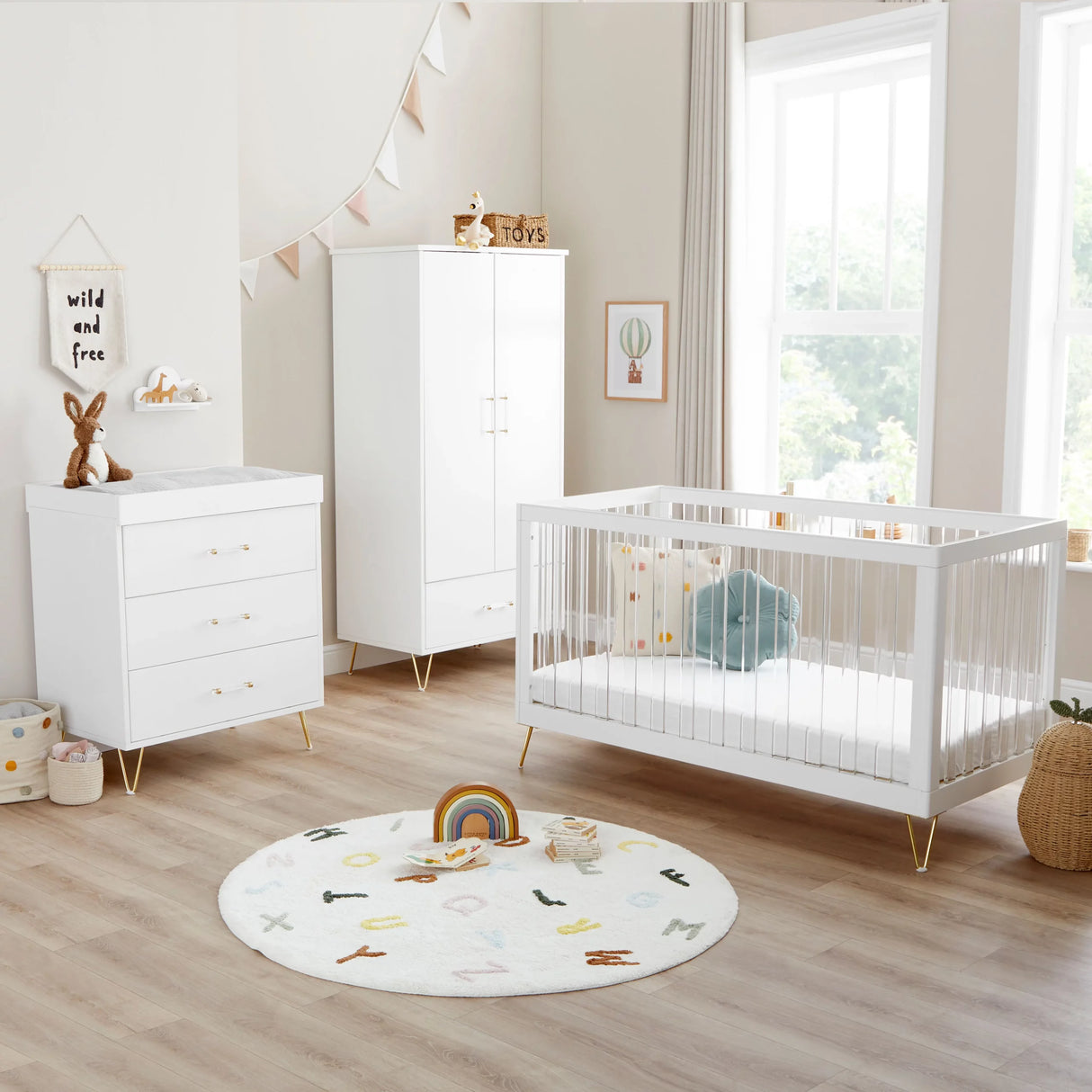 Babymore Kimi XL 3 Piece Nursery Furniture Set with Cot Bed, Dresser & Wardrobe - Acrylic