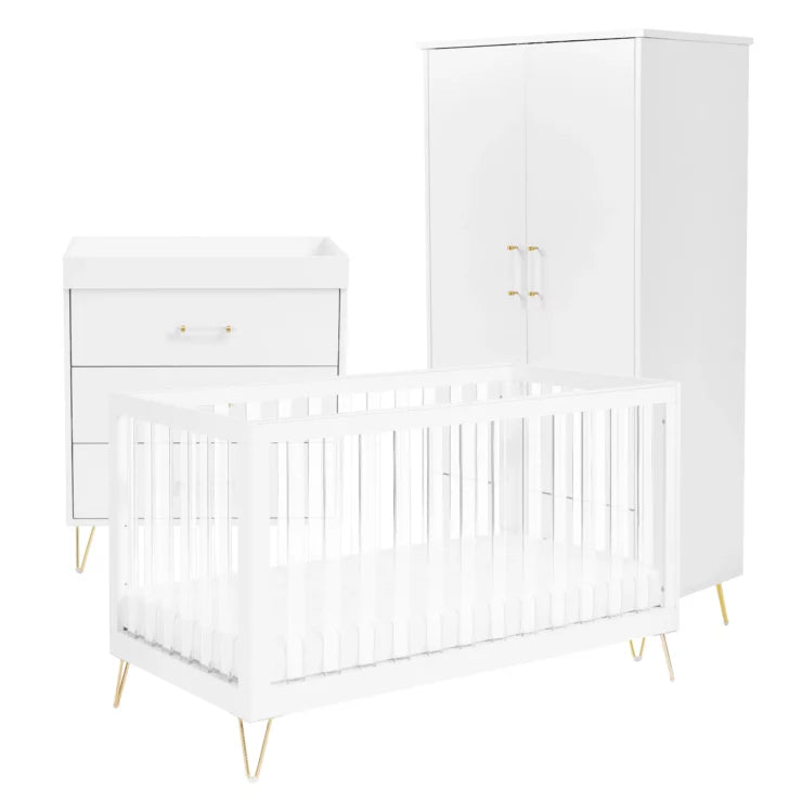 Babymore Kimi XL 3 Piece Nursery Furniture Set with Cot Bed, Dresser & Wardrobe - Acrylic