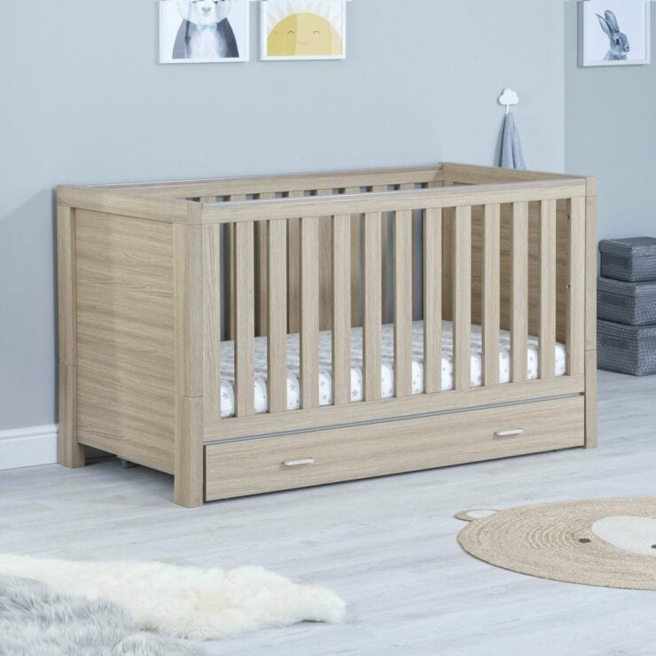 Babymore Luno 3 Piece Nursery Furniture Set with Cot Bed, Under Drawer, Dresser and Wardrobe - Oak