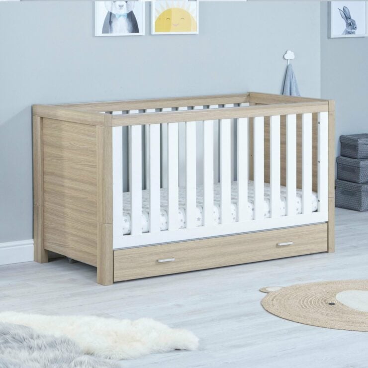 Babymore Luno 3 Piece Nursery Furniture Set with Cot Bed, Under Drawer, Dresser and Wardrobe - White / Oak