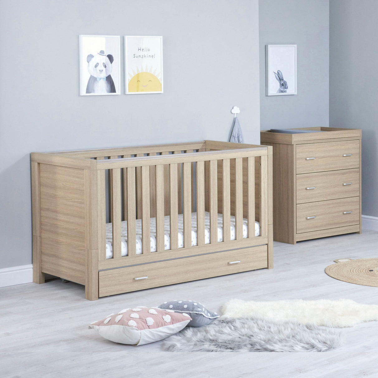 Babymore Luno 2 Piece Nursery Furniture Set with Cot Bed, Under Drawer and Dresser - Oak