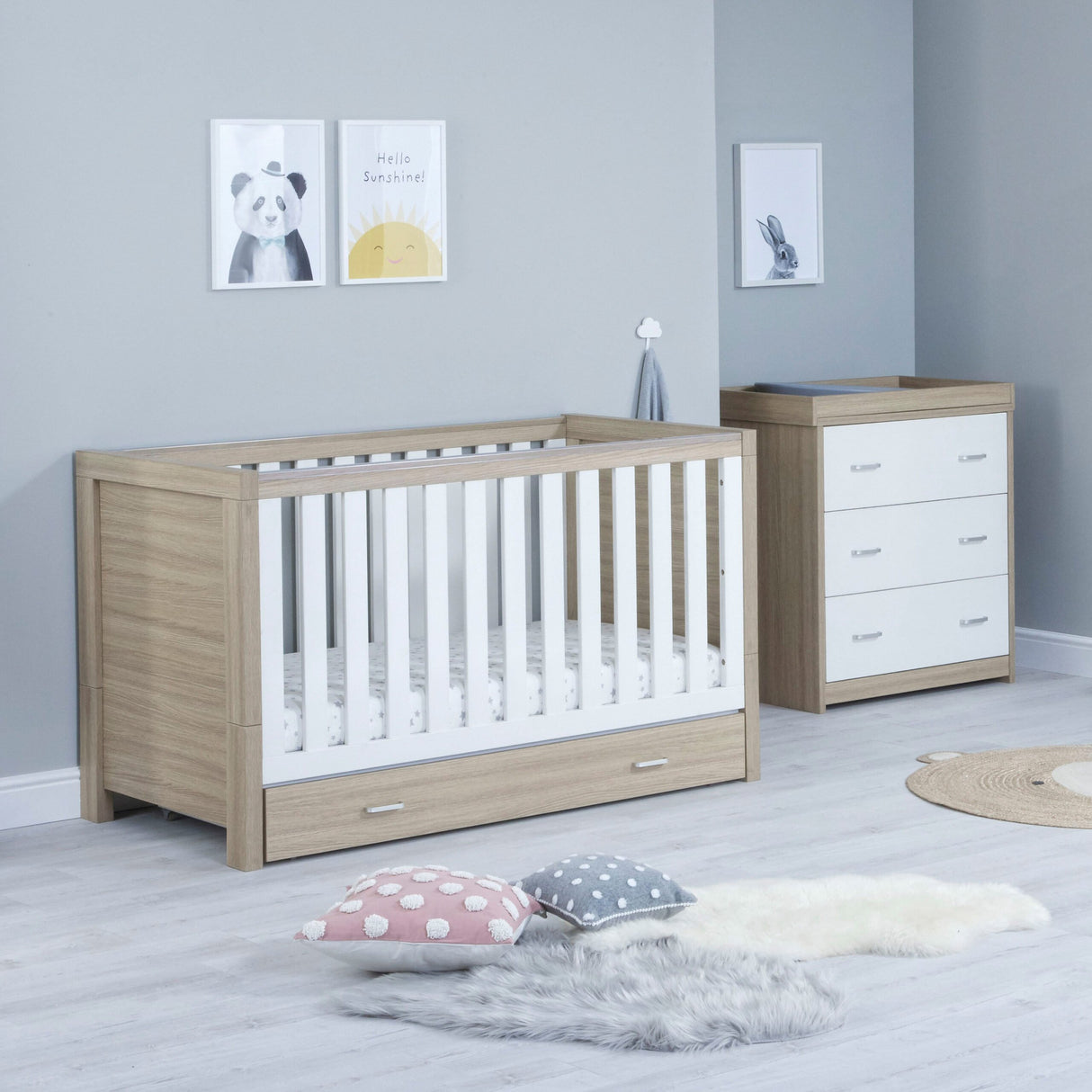 Babymore Luno 2 Piece Nursery Furniture Set with Cot Bed, Under Drawer and Dresser - White / Oak