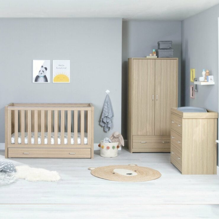 Babymore Luno 3 Piece Nursery Furniture Set with Cot Bed, Under Drawer, Dresser and Wardrobe - Oak