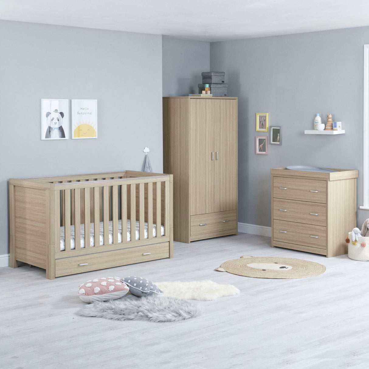 Babymore Luno 3 Piece Nursery Furniture Set with Cot Bed, Under Drawer, Dresser and Wardrobe - Oak
