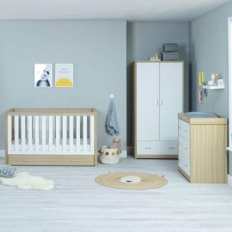 Babymore Luno 3 Piece Nursery Furniture Set with Cot Bed, Under Drawer, Dresser and Wardrobe - White / Oak