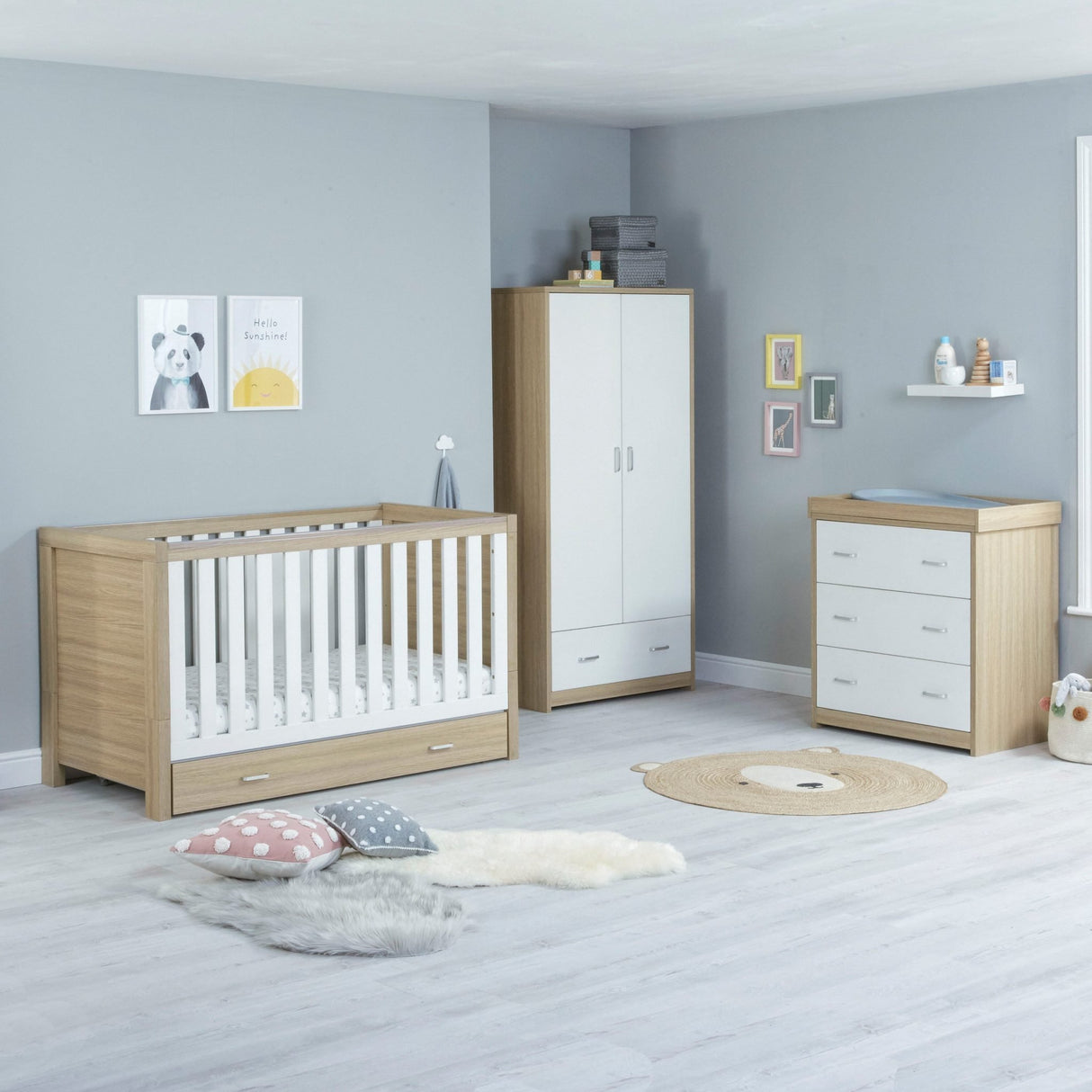 Babymore Luno 3 Piece Nursery Furniture Set with Cot Bed, Under Drawer, Dresser and Wardrobe - White / Oak
