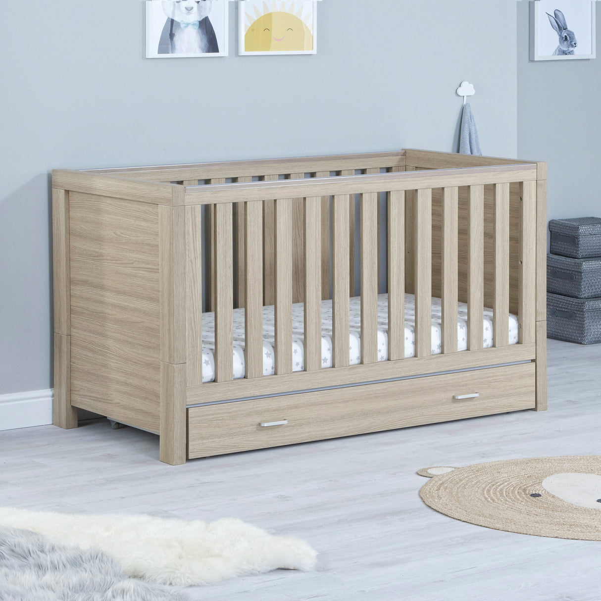 Babymore Luno Cot Bed with Under Drawer - Oak