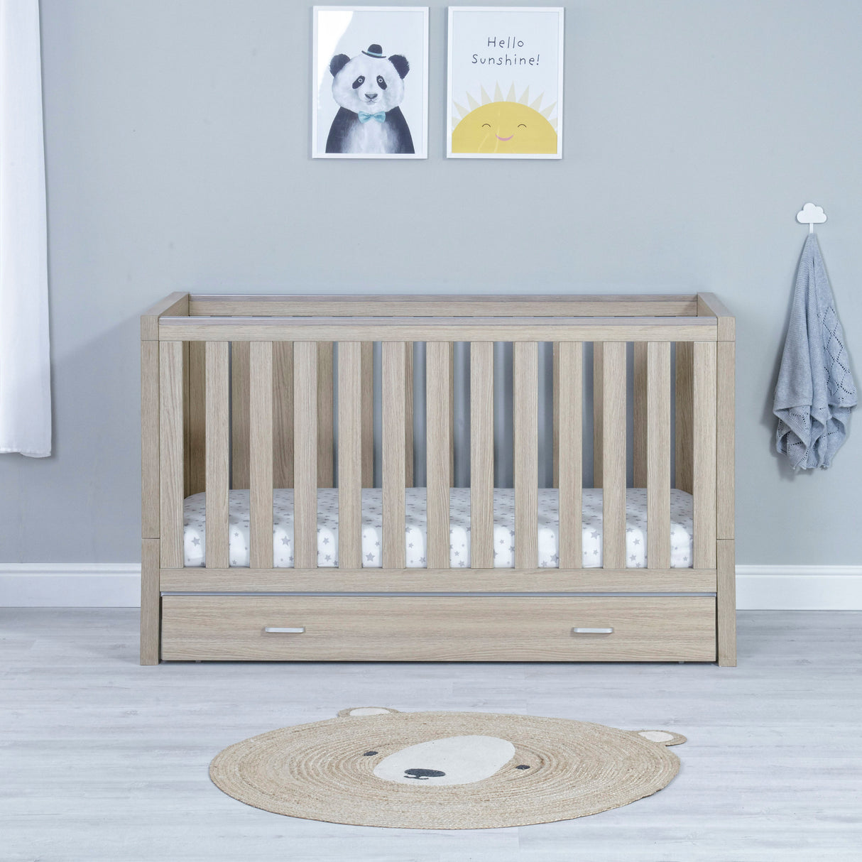 Babymore Luno Cot Bed with Under Drawer - Oak