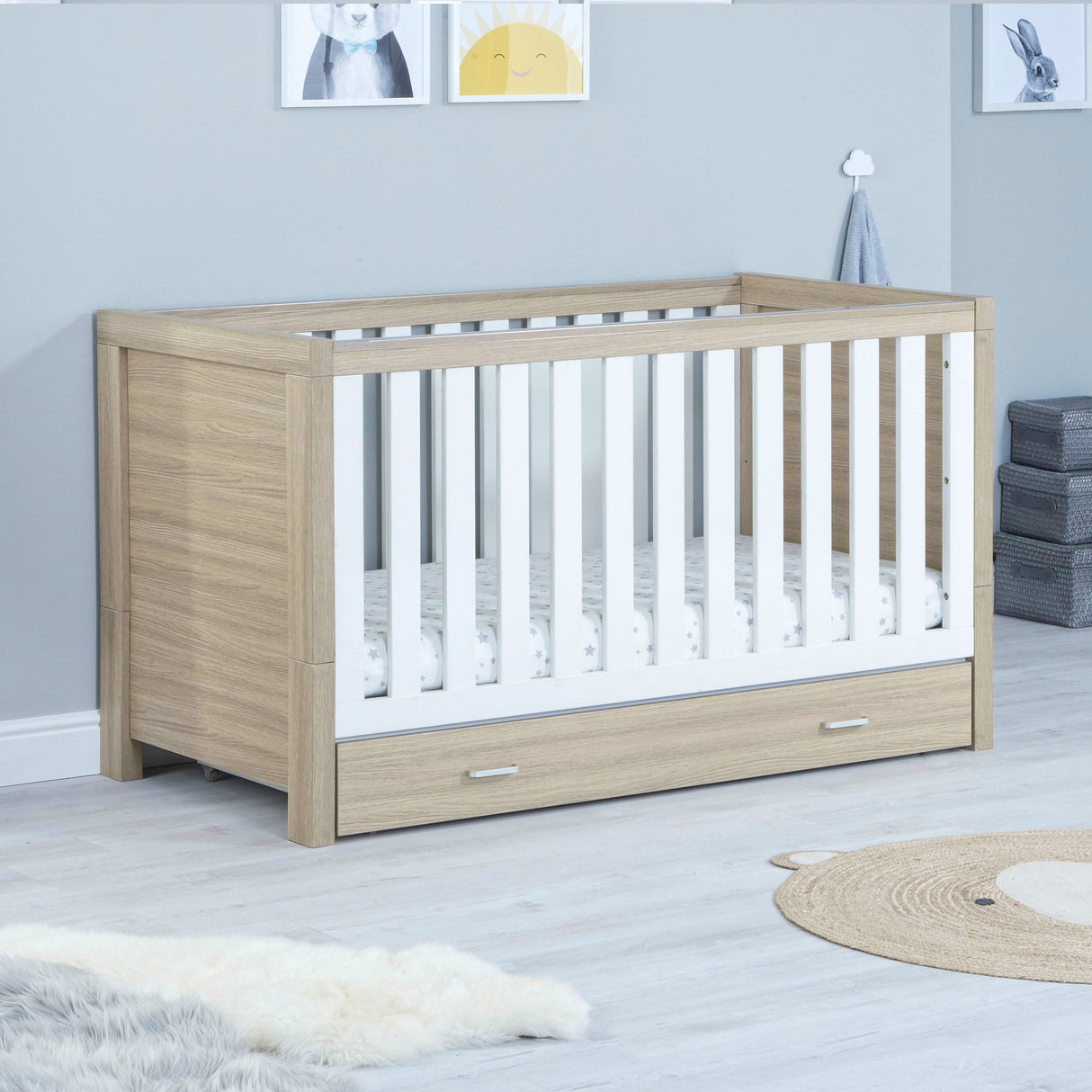 Babymore Luno Cot Bed with Under Drawer - White / Oak