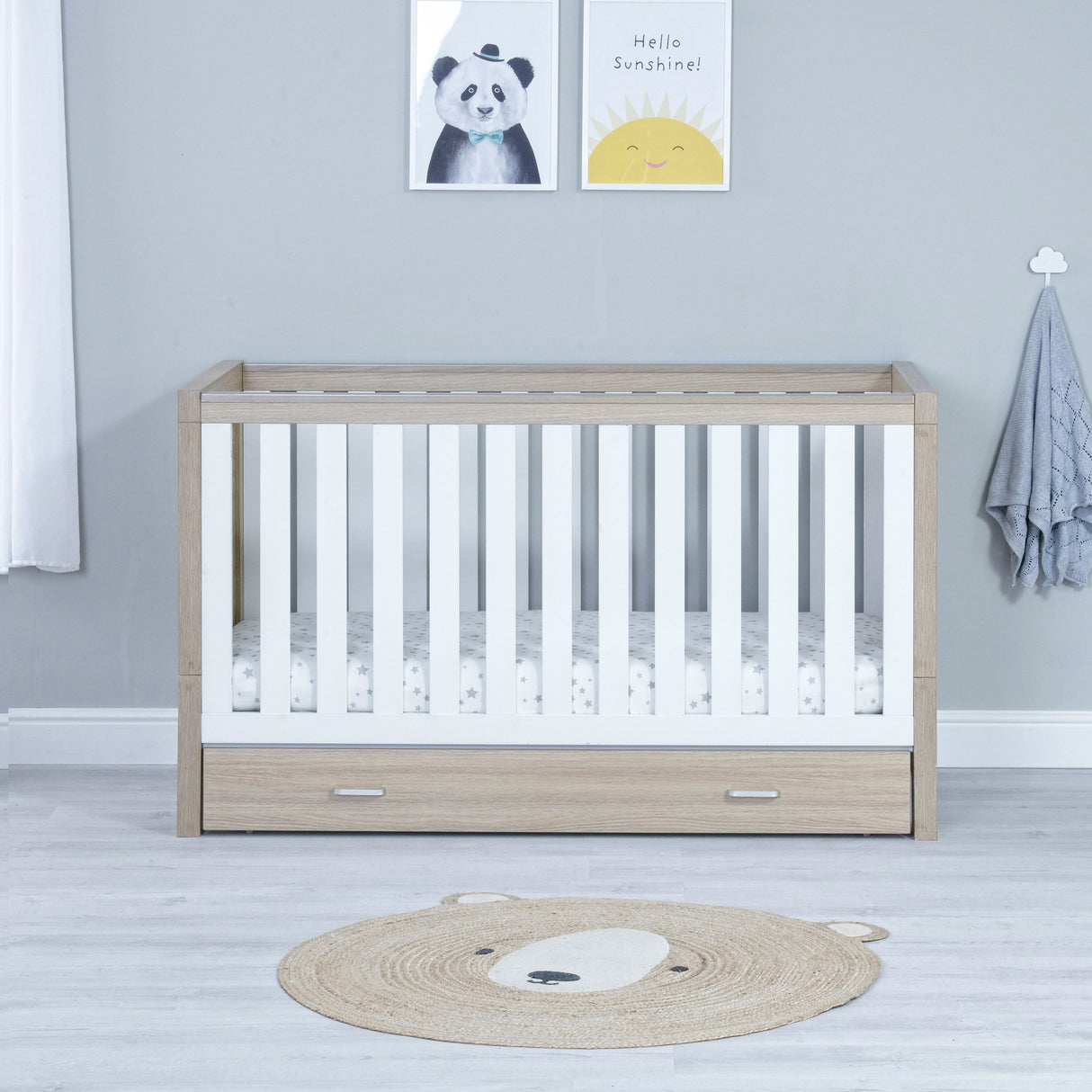 Babymore Luno Cot Bed with Under Drawer - White / Oak