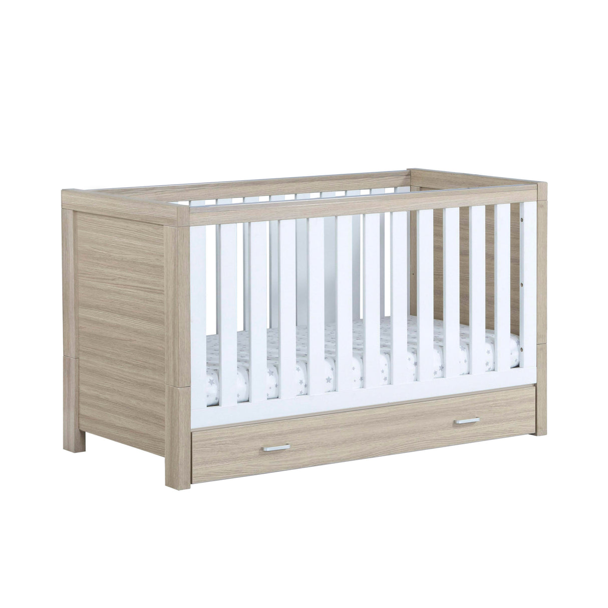 Babymore Luno Cot Bed with Under Drawer - White / Oak