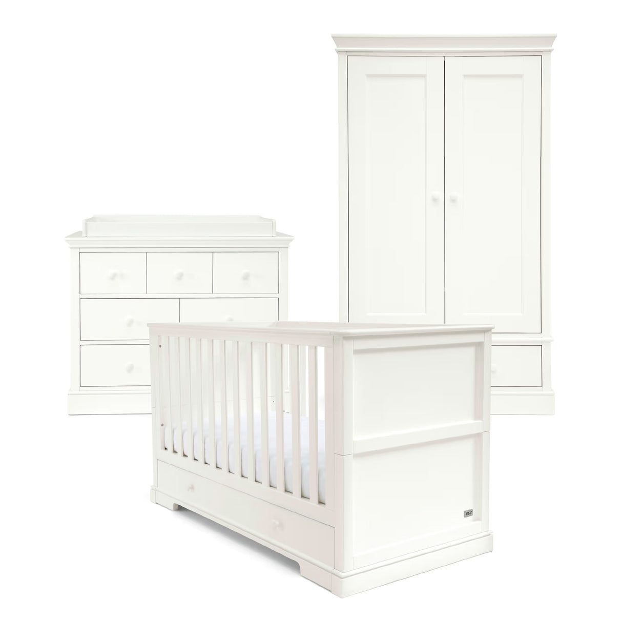 Mamas & Papas Oxford 3 Piece Nursery Furniture Set with Cot Bed, Dresser and Wardrobe - White