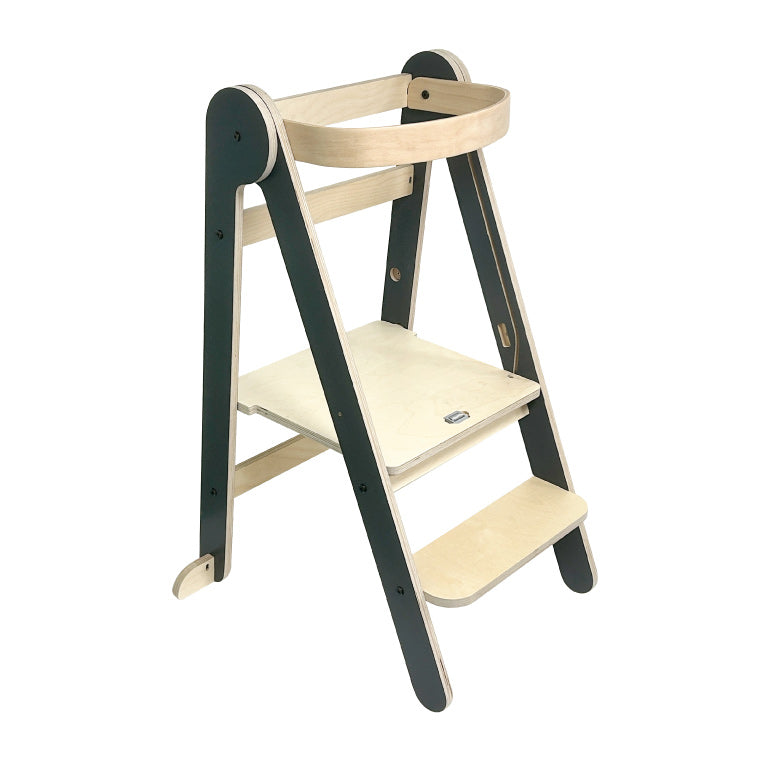 MamaToyz Folding Learning Tower Natural Beech Wood Montessori Child Safety Platform - Dark Grey / Natural
