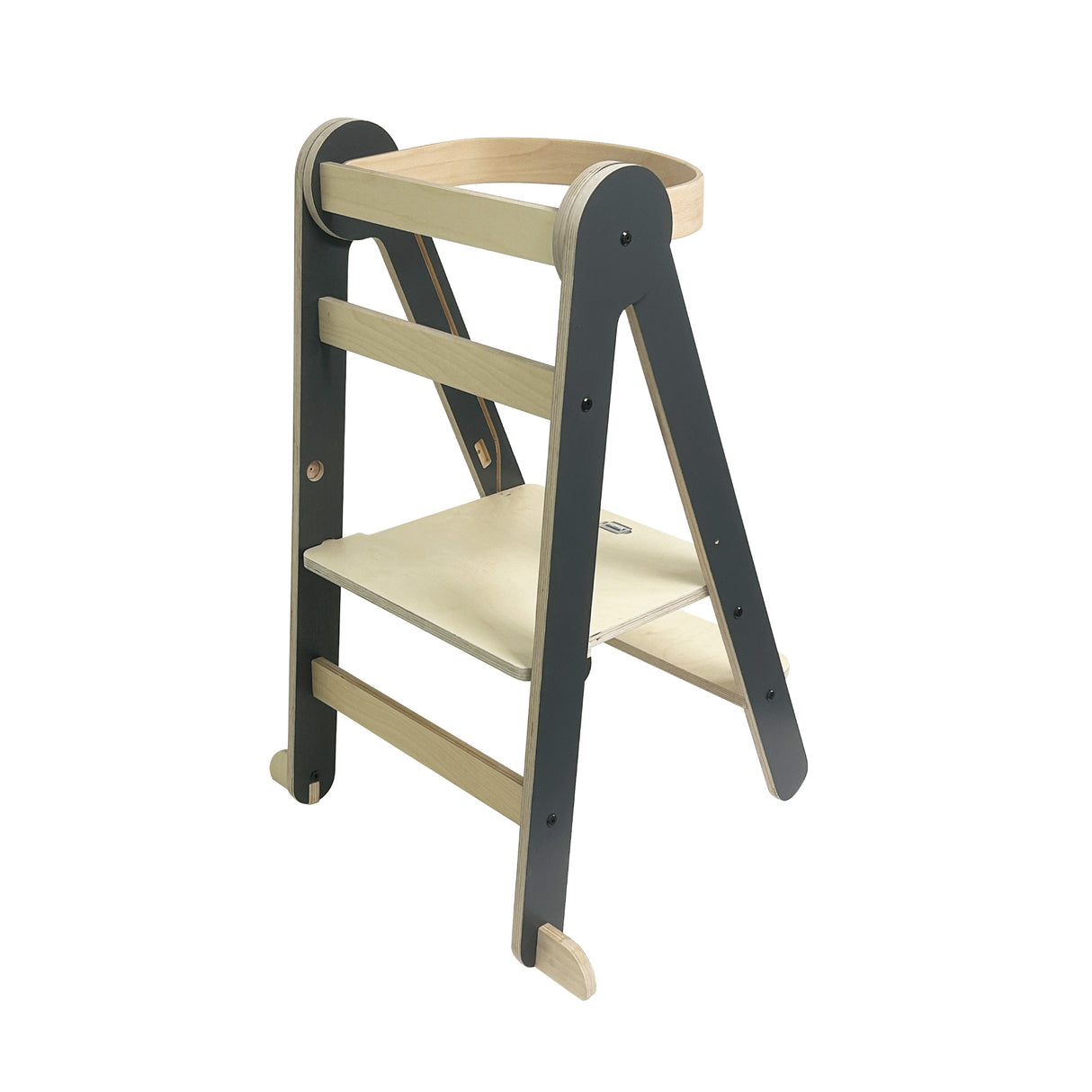 MamaToyz Folding Learning Tower Natural Beech Wood Montessori Child Safety Platform - Dark Grey / Natural