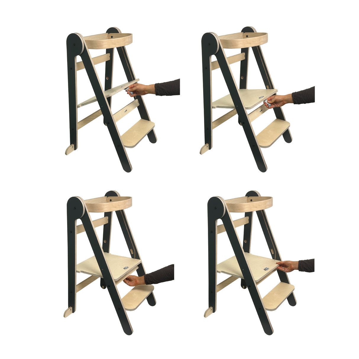 MamaToyz Folding Learning Tower Natural Beech Wood Montessori Child Safety Platform - Dark Grey / Natural