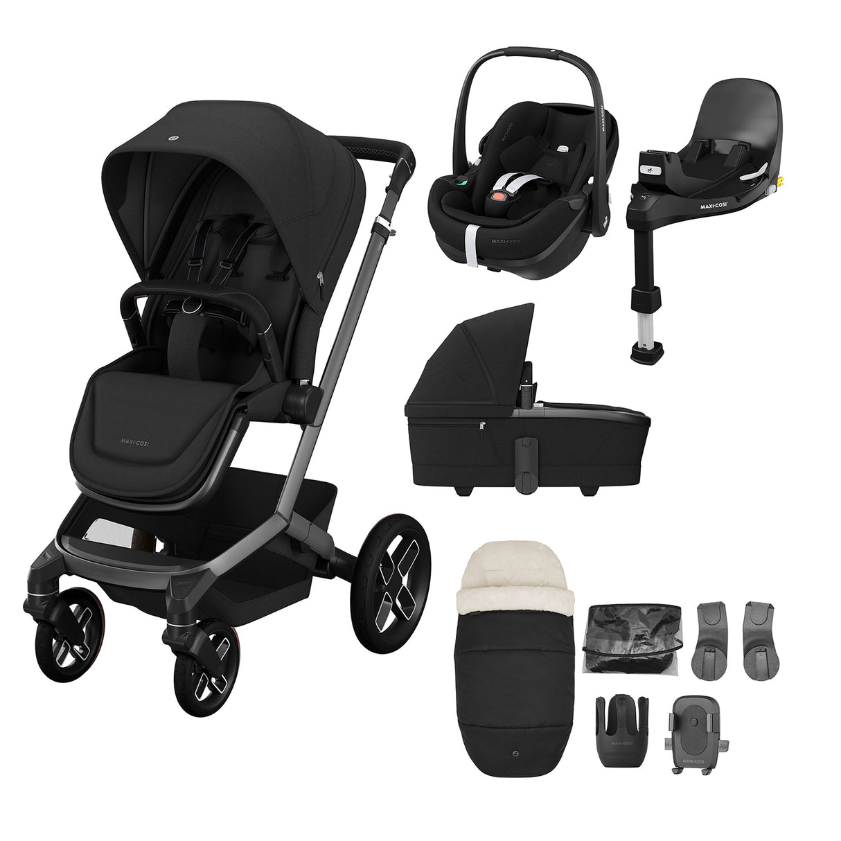 Maxi Cosi Fame Premium Travel System Bundle With Accessories, Pebble 360 Pro2 Car Seat and ISOFIX Base - Twillic Black
