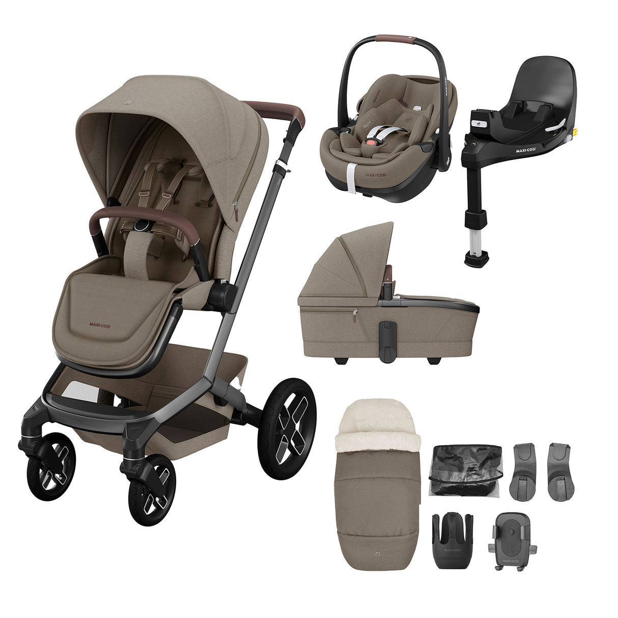 Maxi Cosi Fame Premium Travel System Bundle With Accessories, Pebble 360 Pro2 Car Seat and ISOFIX Base - Twillic Truffle