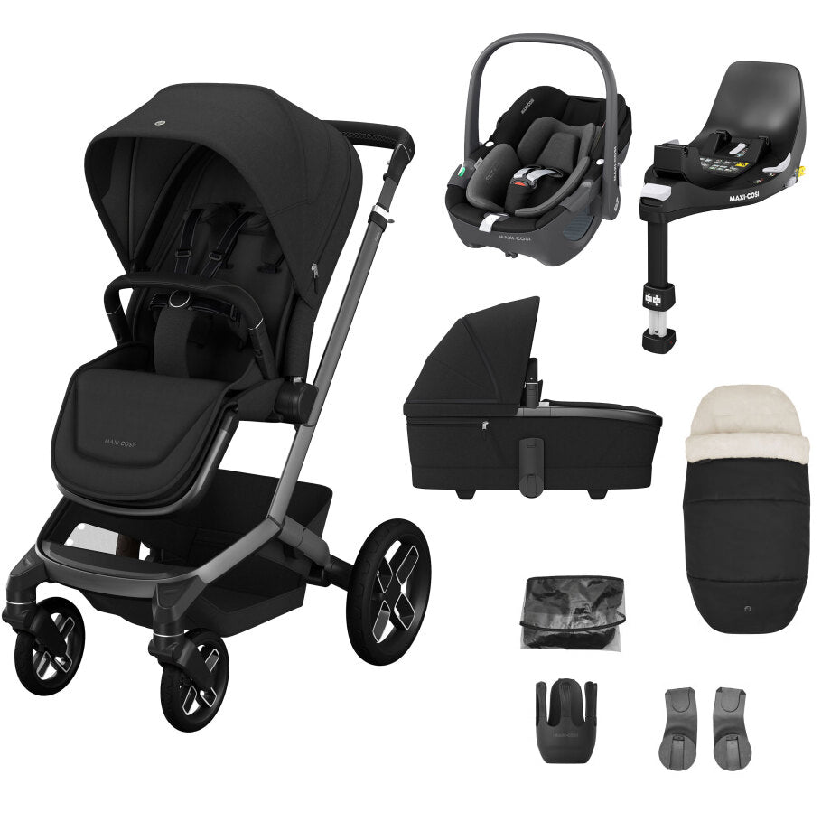 Maxi Cosi Fame Complete Travel System Bundle With Accessories, Pebble 360 Car Seat and ISOFIX Base - Twillic Black