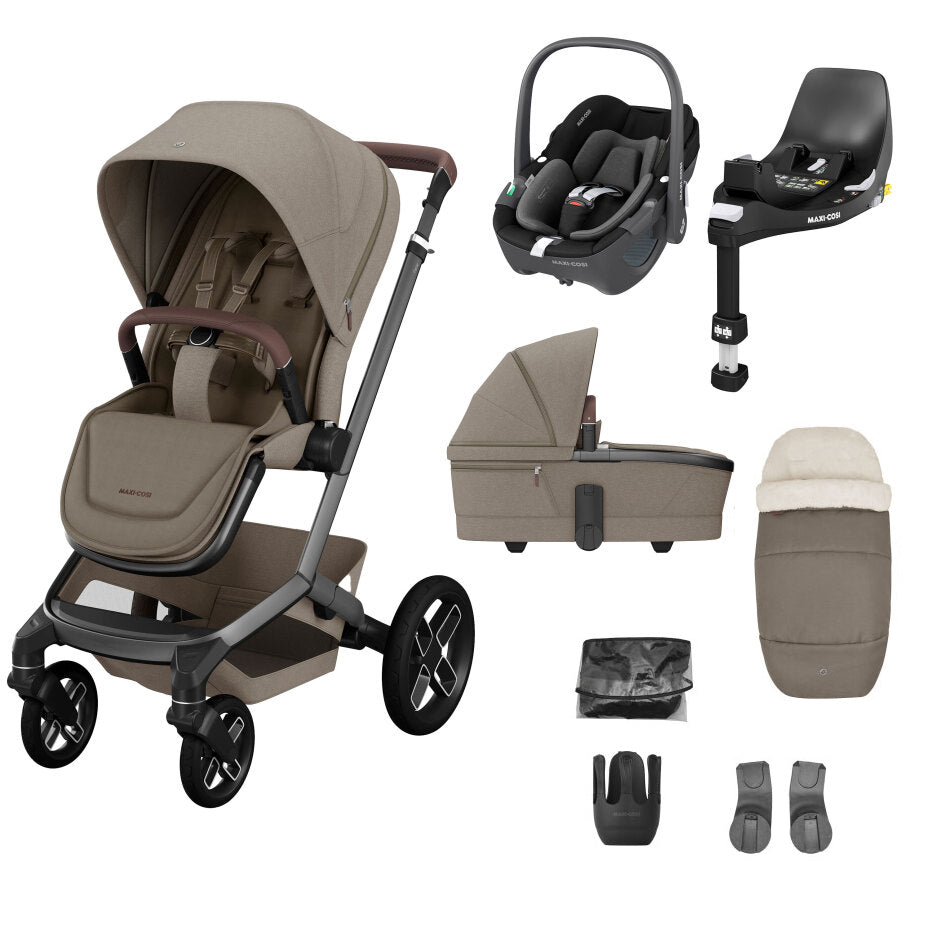 Maxi Cosi Fame Complete Travel System Bundle With Accessories, Pebble 360 Car Seat and ISOFIX Base - Twillic Truffle