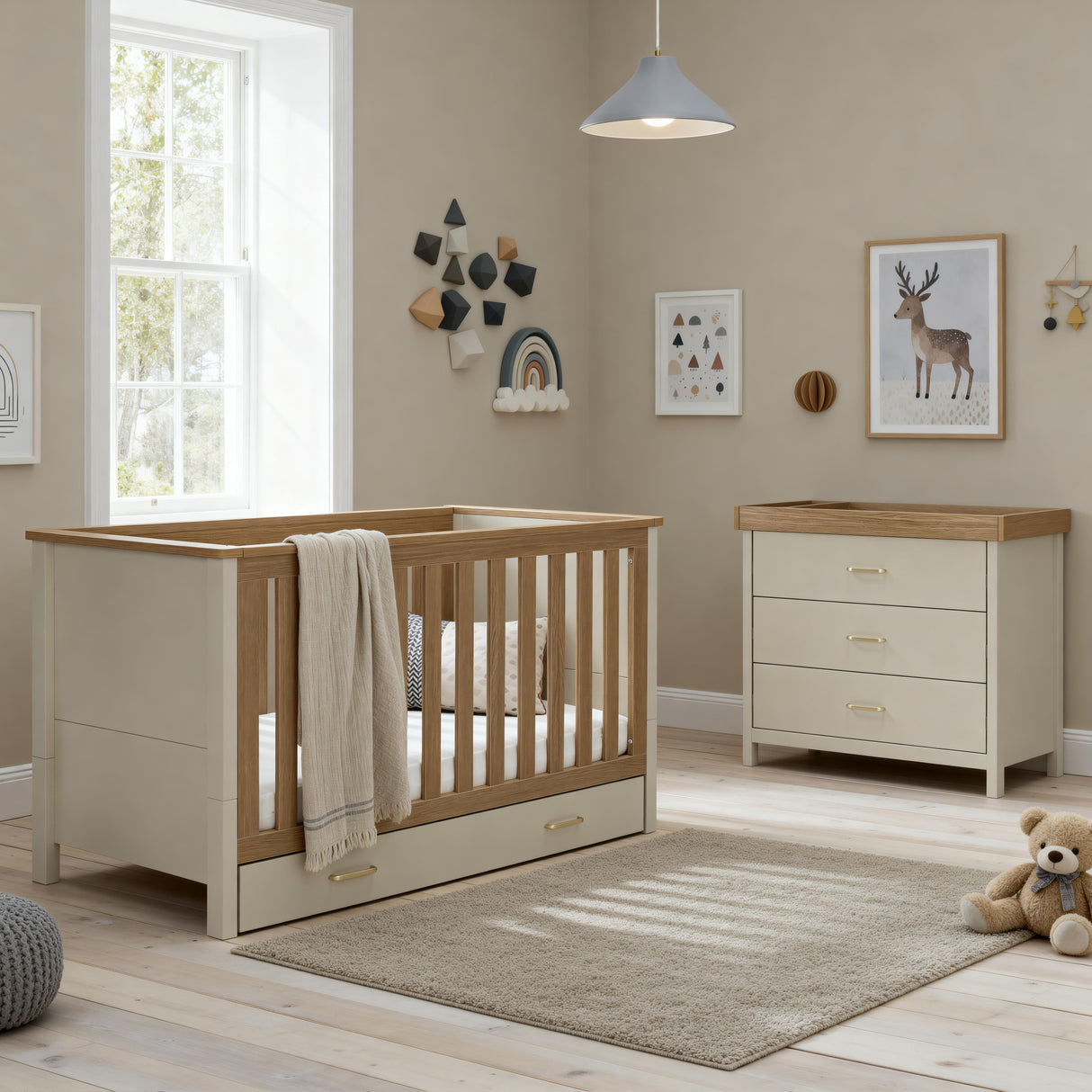 Babymore Mira 2 Piece Nursery Furniture Set with Cot Bed, Under Drawer and Dresser - Cashmere / Warm Oak