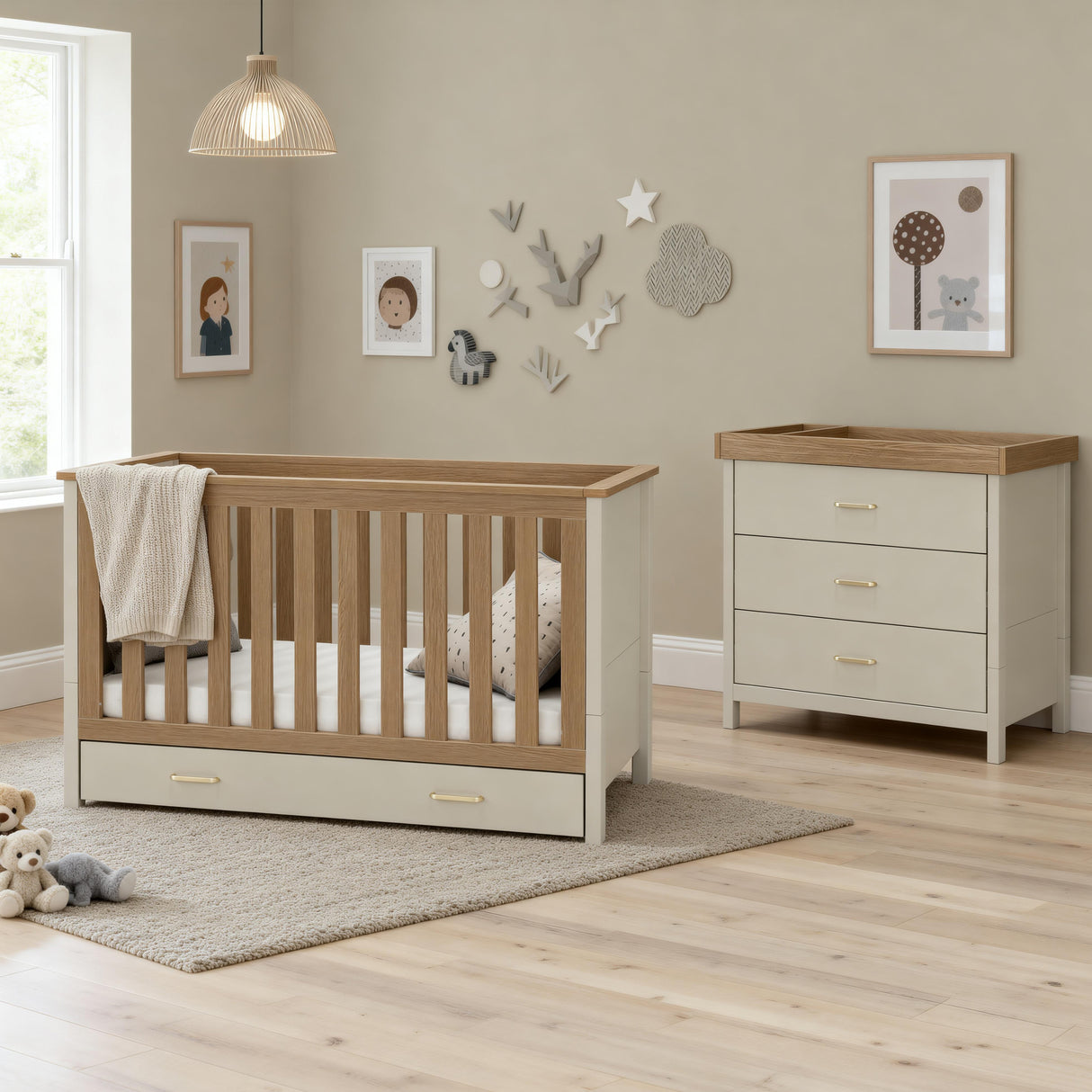 Babymore Mira 2 Piece Nursery Furniture Set with Cot Bed, Under Drawer and Dresser - Cashmere / Warm Oak