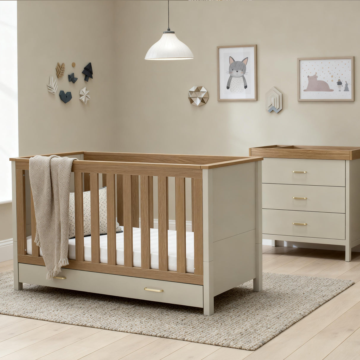 Babymore Mira 2 Piece Nursery Furniture Set with Cot Bed, Under Drawer and Dresser - Cashmere / Warm Oak