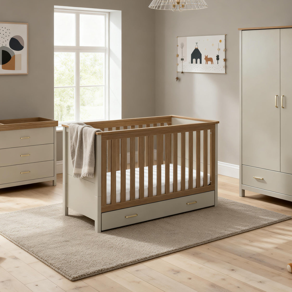 Babymore Mira 3 Piece Nursery Furniture Set with Cot Bed, Under Drawer, Dresser and Wardrobe - Cashmere / Warm Oak