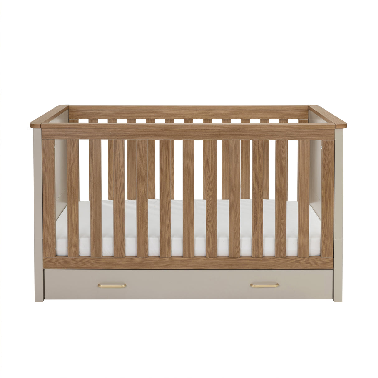 Babymore Mira 2 Piece Nursery Furniture Set with Cot Bed, Under Drawer and Dresser - Cashmere / Warm Oak
