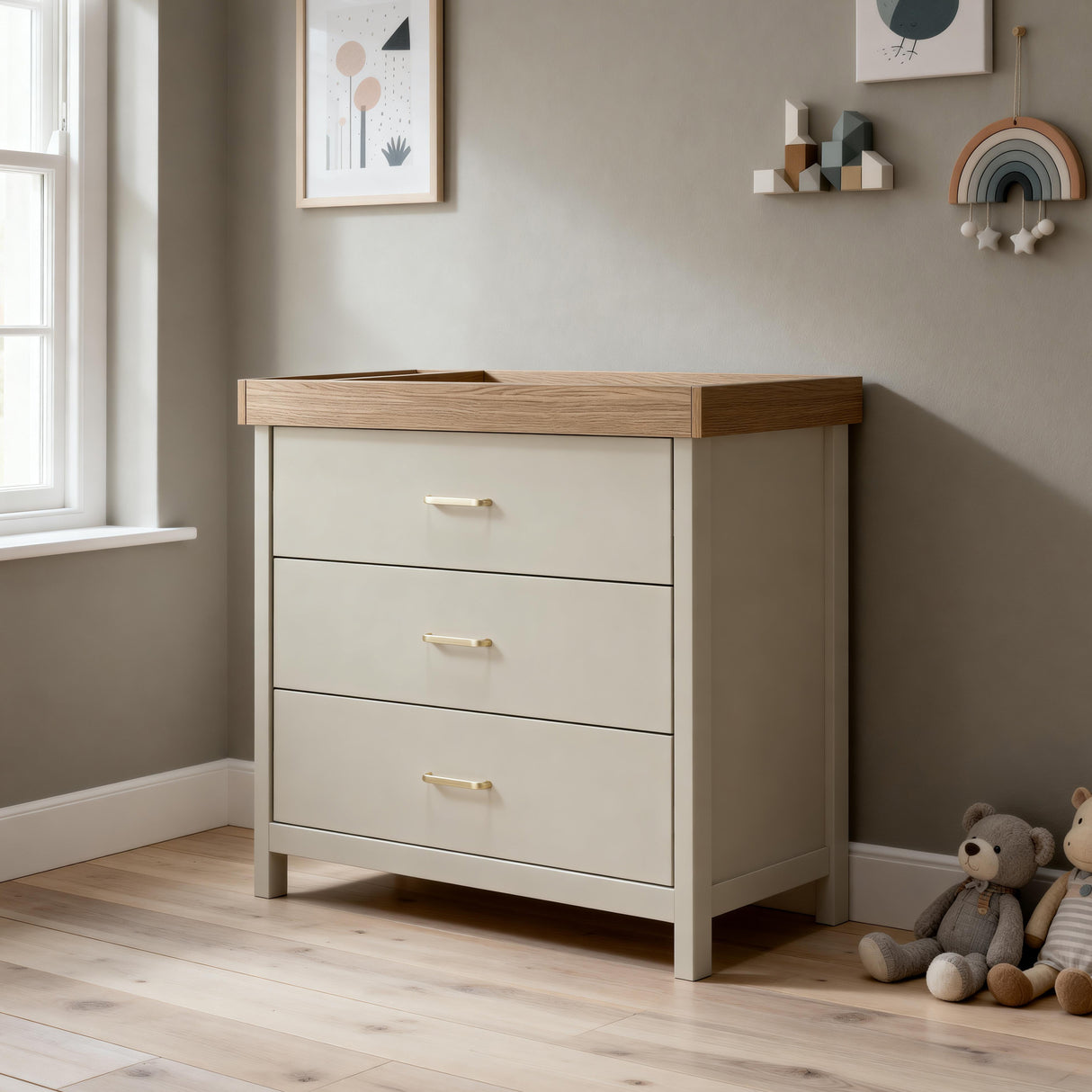 Babymore Mira 2 Piece Nursery Furniture Set with Cot Bed, Under Drawer and Dresser - Cashmere / Warm Oak