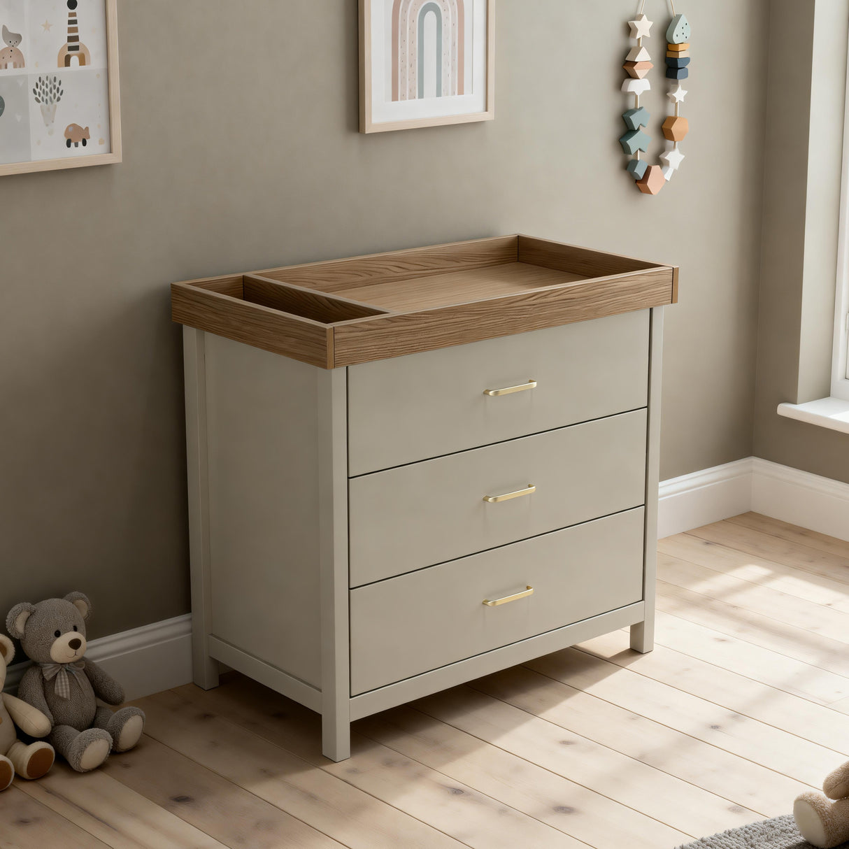 Babymore Mira 2 Piece Nursery Furniture Set with Cot Bed, Under Drawer and Dresser - Cashmere / Warm Oak