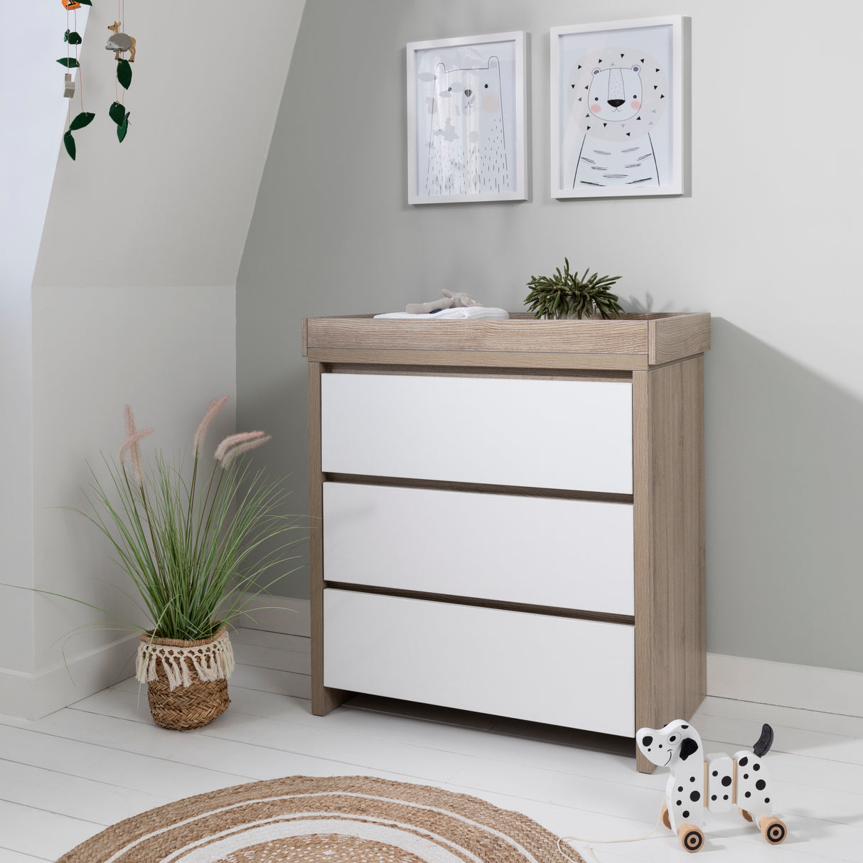 Tutti Bambini Modena 2 Piece Nursery Furniture Set with Cot Bed & Dresser - White & Oak