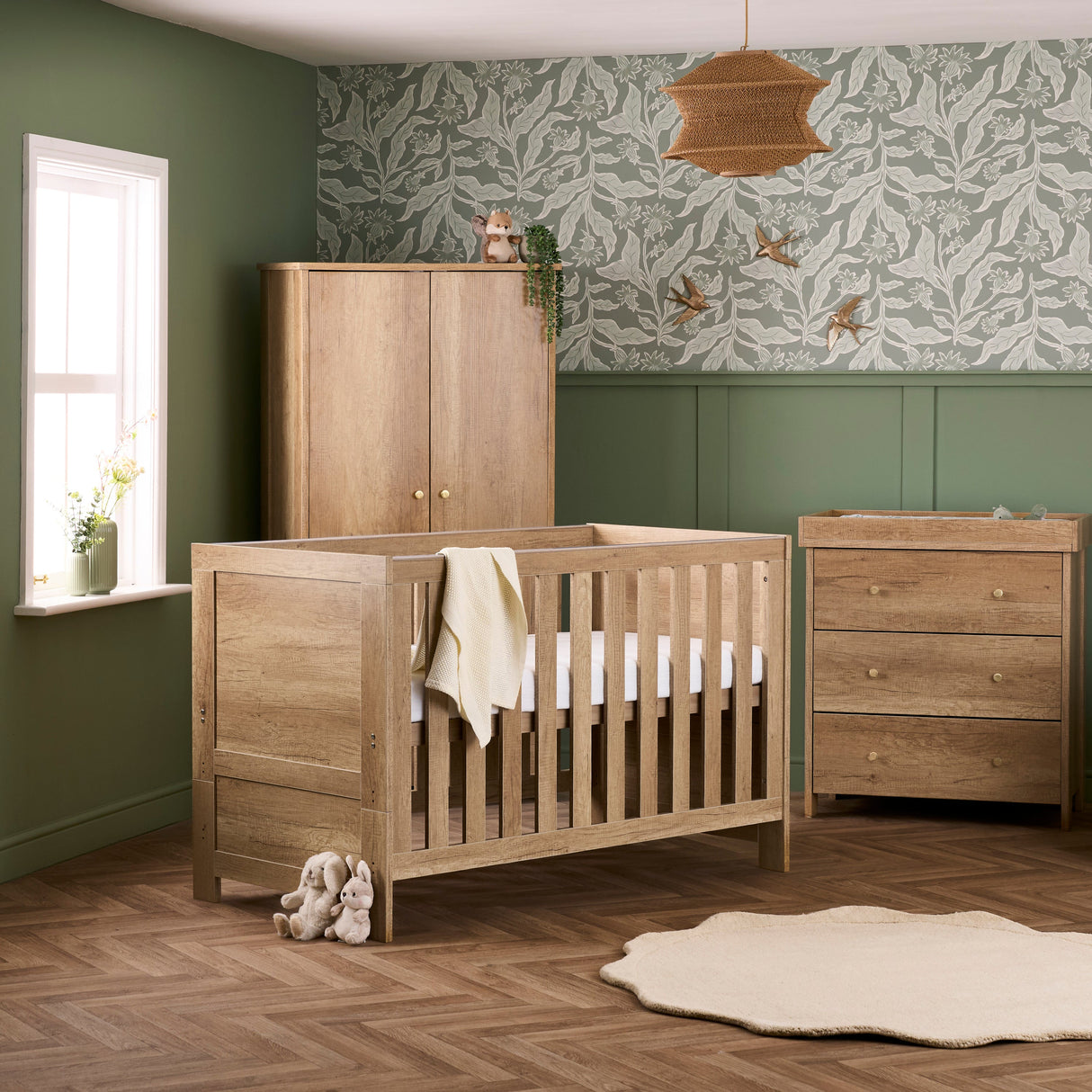 Obaby Nika 3 Piece Nursery Furniture Set with Cot Bed, Dresser and Wardrobe - Oak