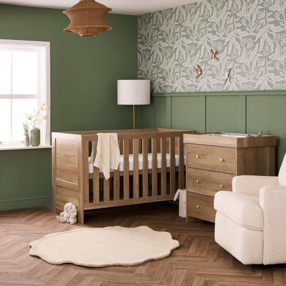 Obaby Nika 2 Piece Nursery Furniture Set with Cot Bed, Under Drawer and Dresser - Oak