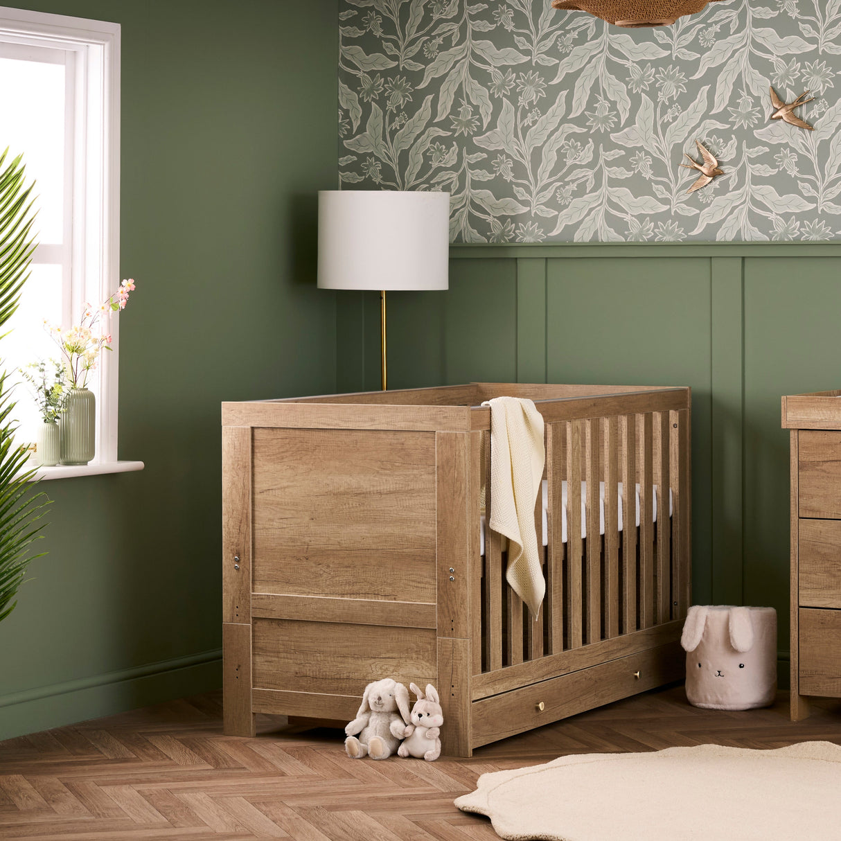 Obaby Nika 2 Piece Nursery Furniture Set with Cot Bed, Under Drawer and Dresser - Oak