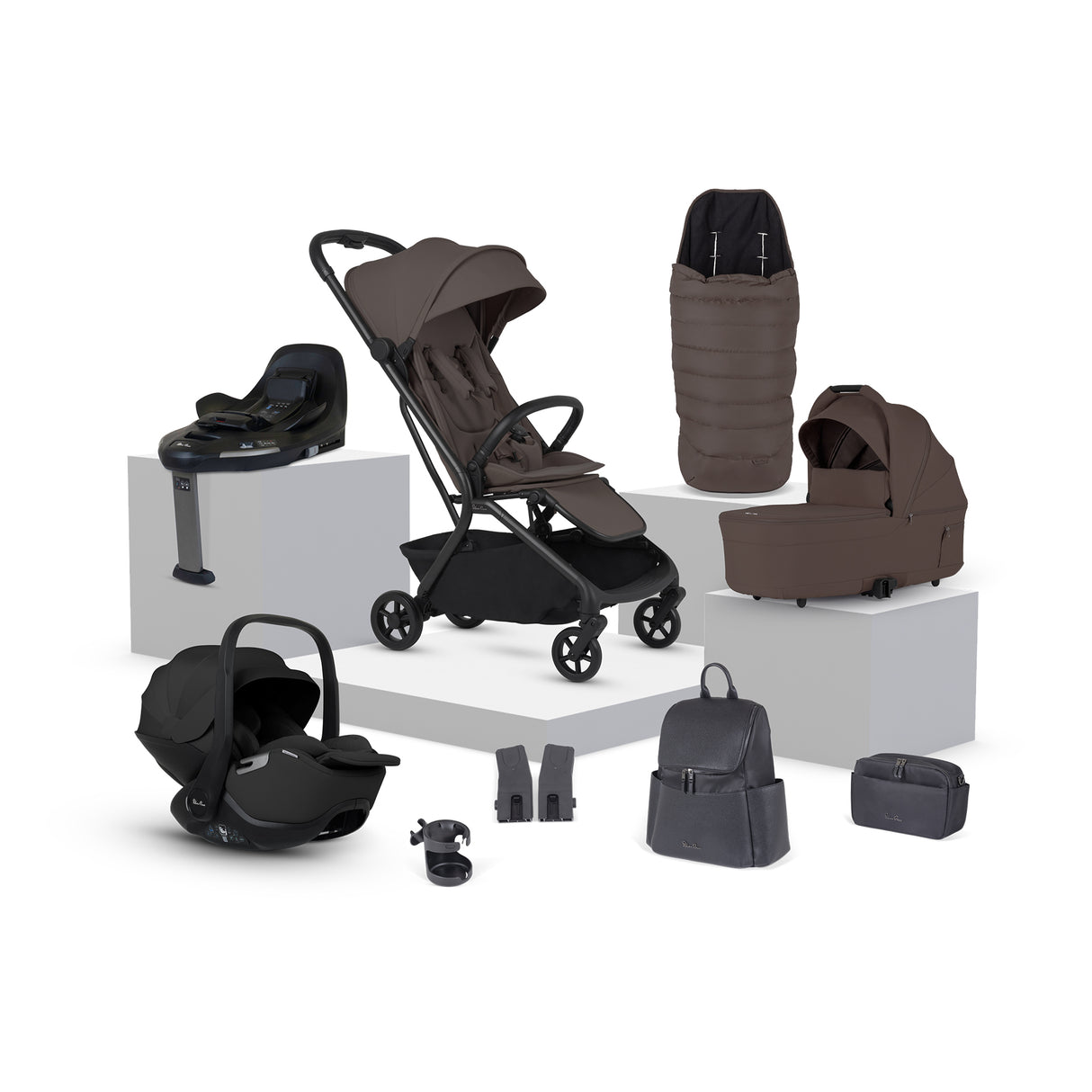 Silver Cross Nia Travel System with Glide 360 Plus Car Seat, ISOFIX Base & Accessories - Chocolate