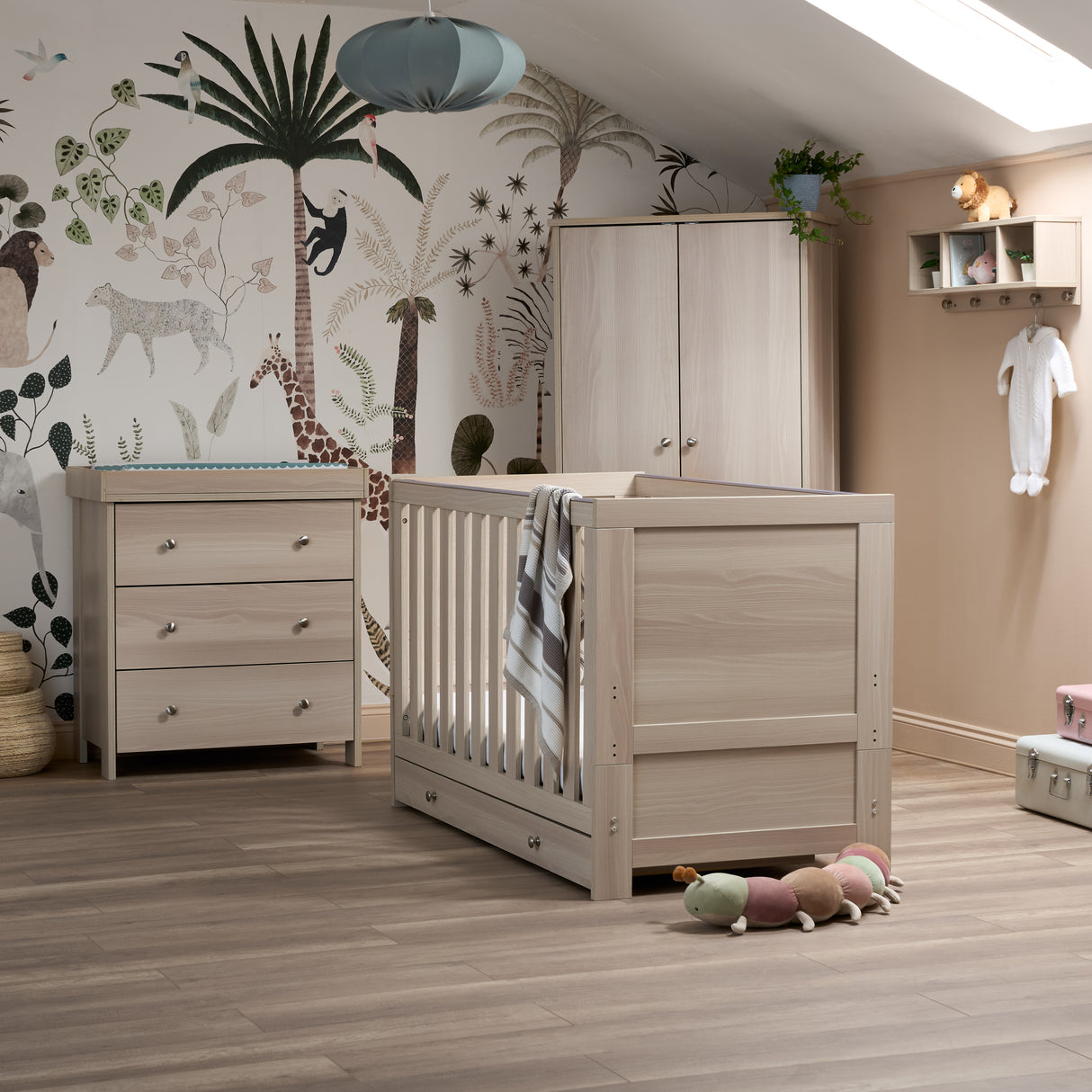 Obaby Nika 3 Piece Nursery Furniture Set with Cot Bed, Under Drawer, Dresser and Wardrobe - Aspen