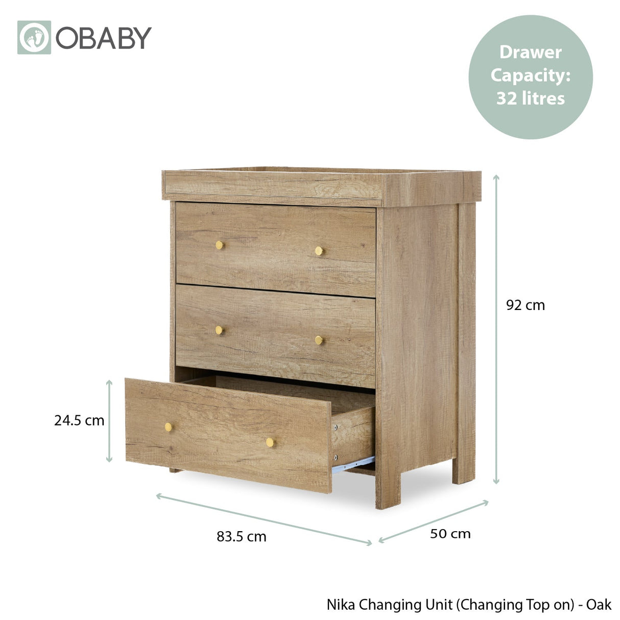 Obaby Nika 2 Piece Nursery Furniture Set with Cot Bed, Under Drawer and Dresser - Oak