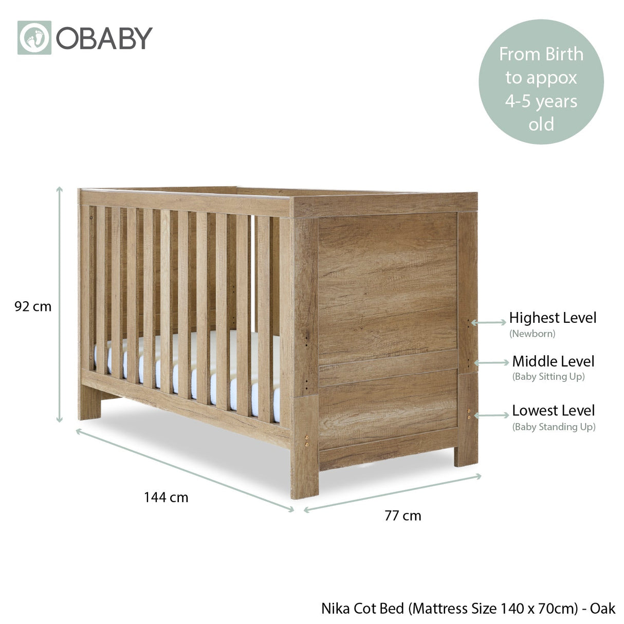Obaby Nika 2 Piece Nursery Furniture Set with Cot Bed, Under Drawer and Dresser - Oak