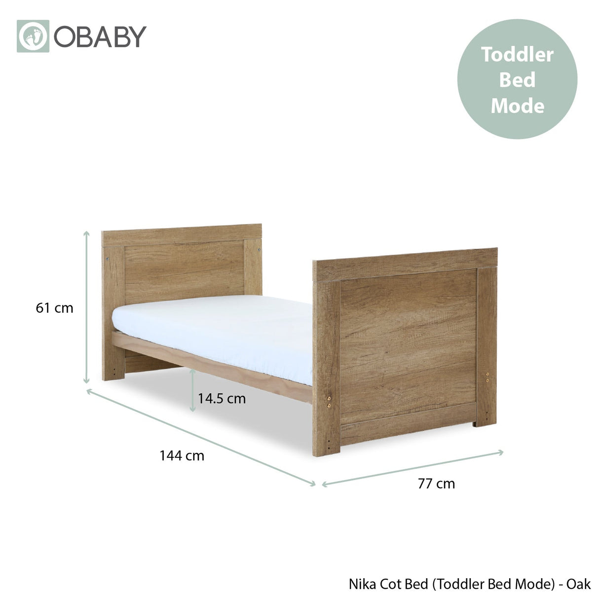 Obaby Nika 2 Piece Nursery Furniture Set with Cot Bed, Under Drawer and Dresser - Oak