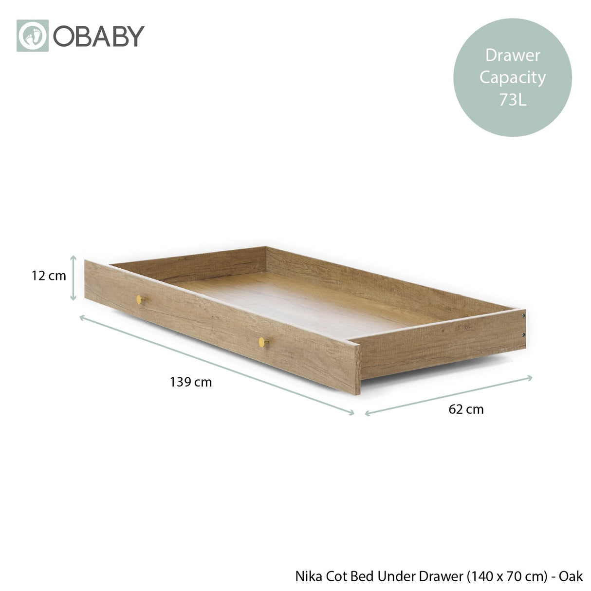 Obaby Nika 2 Piece Nursery Furniture Set with Cot Bed, Under Drawer and Dresser - Oak