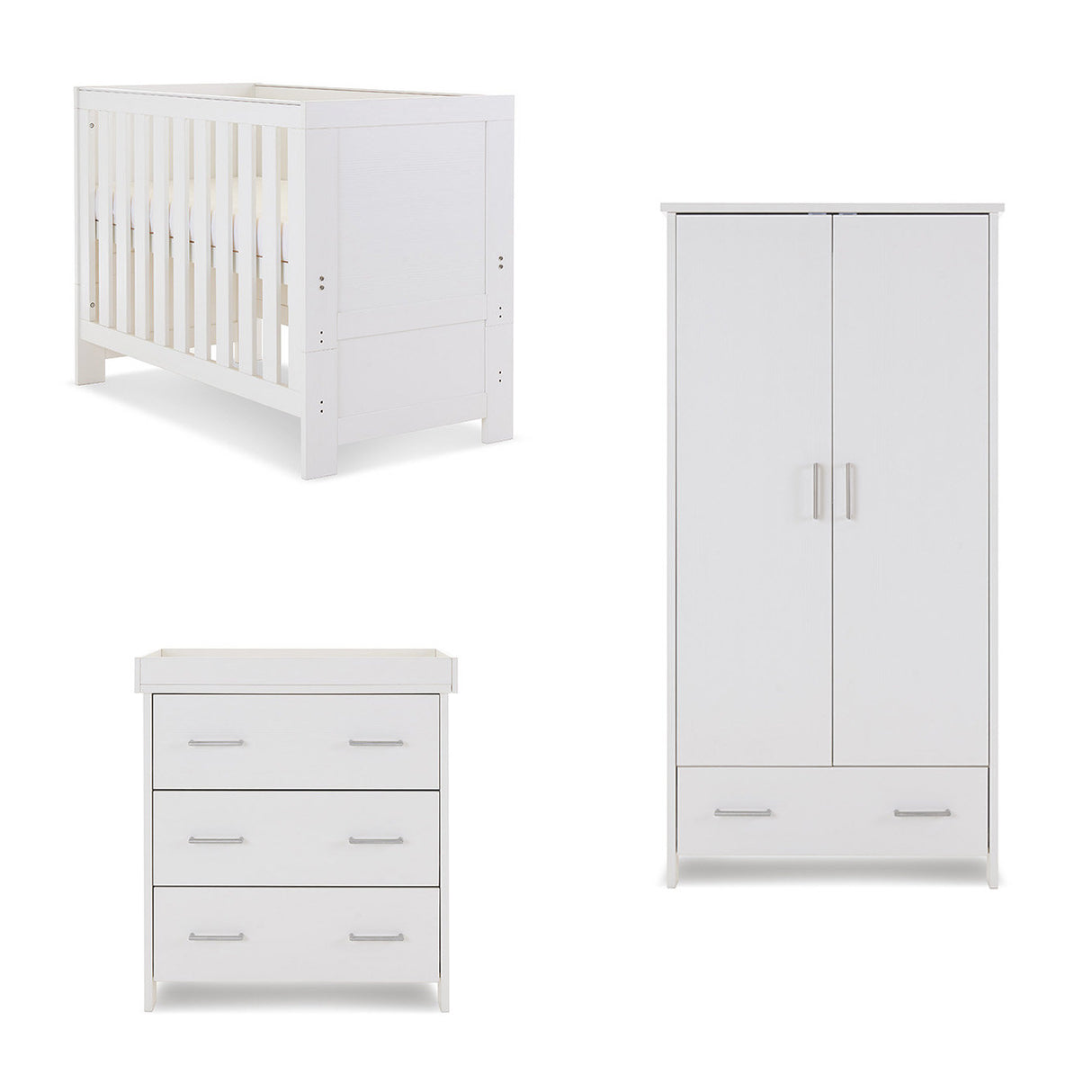 Obaby Nika Mini 3 Piece Nursery Furniture Set with Cot Bed, Dresser & Wardrobe – White Wash