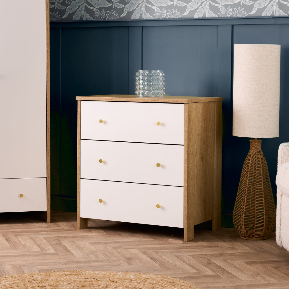 Obaby Nika 3 Piece Nursery Furniture Set with Cot Bed, Under Drawer, Dresser and Wardrobe - Oak & White